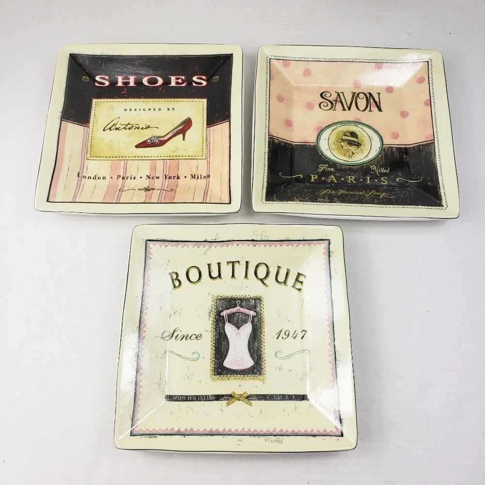 3 Sakura Vintage Boutique Square Stoneware Salad Dessert Plates Paris Motif